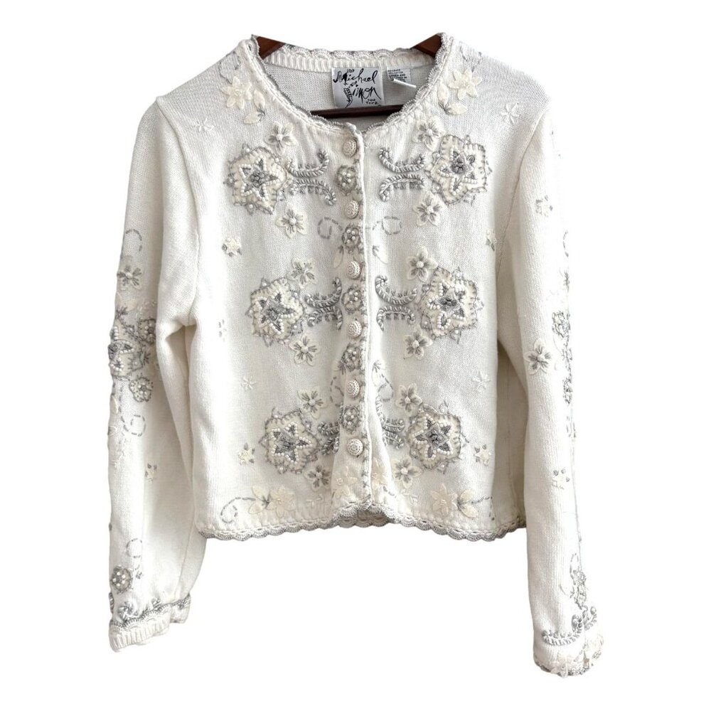 Vintage Michael Simon New York Ivory Beaded Floral Applique Cardigan Sweater
